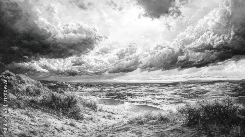Dramatic Clouds Over Sandy Dune Landscape Dramatic Clouds Over Sandy Dune Landscape
