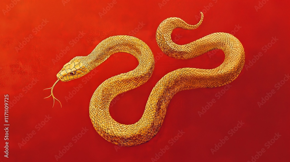 Golden Snake with Wavy Body Pattern on Red Background Golden Snake with Wavy Body Pattern on Red Background