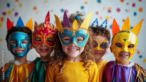 Children wearing colorful carnival masks and face paint, smiling joyfully at a Mardi Gras celebration with festive decorations in the background photo