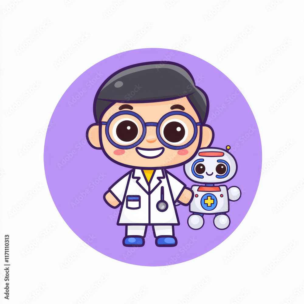 cute AI doctor character with glasses, wearing lab coat, holding toy robot. This friendly figure embodies caring and approachable demeanor, perfect for children themes cute AI doctor character with glasses, wearing lab coat, holding toy robot. This friendly figure embodies caring and approachable demeanor, perfect for children themes