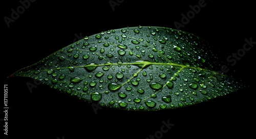 A detailed close-up view of a lush green leaf, showcasing numerous water droplets clinging to its surface