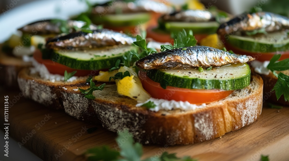 Freshly prepared sandwiches topped with vibrant vegetables and h Freshly prepared sandwiches topped with vibrant vegetables and h