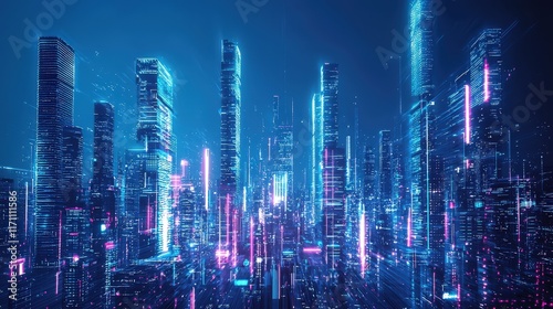 Futuristic Cityscape with Neon Lights and Skyscrapers at Night - Cyberpunk Metropolis Glowing in Vibrant Blue and Pink Hues