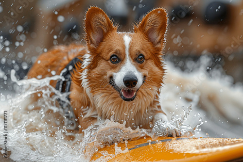 Photography Dog surfing on the waves in the ocean in summer