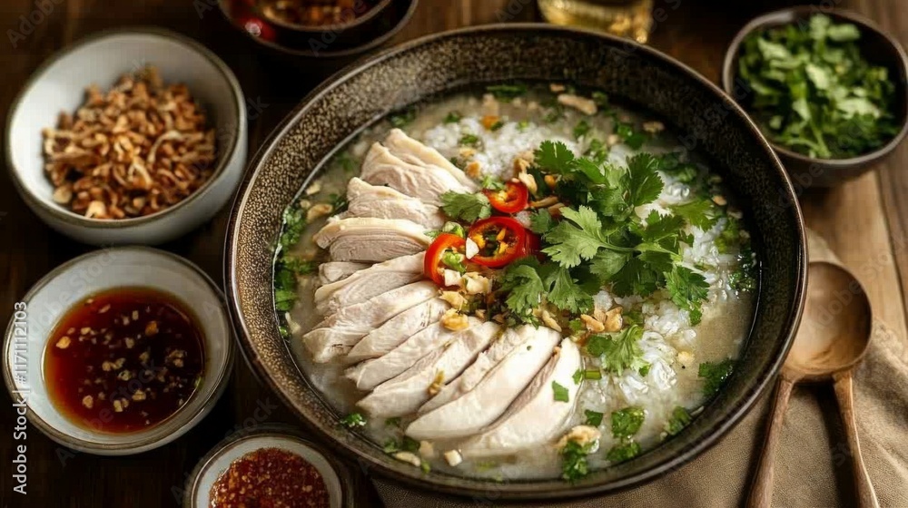 A cozy arrangement of Khao Mok Gai alongside a bowl of clear chicken soup and dipping sauces, highlighting a delicious and satisfying Thai meal experience. A cozy arrangement of Khao Mok Gai alongside a bowl of clear chicken soup and dipping sauces, highlighting a delicious and satisfying Thai meal experience.