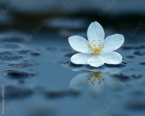 Single white flower floating on dark water, reflecting its image.