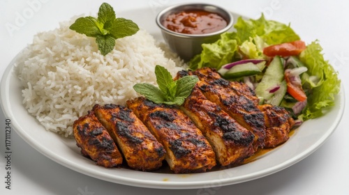 A cozy arrangement of tandoori chicken served with a side of fragrant basmati rice and fresh salad, highlighting the delicious and satisfying Indian meal. photo