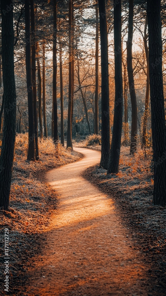 A Winding Path Through a Peaceful Forest, Bathed in Golden Sunlight - Ideal for Nature-themed Projects and Outdoor Enthusiasts A Winding Path Through a Peaceful Forest, Bathed in Golden Sunlight - Ideal for Nature-themed Projects and Outdoor Enthusiasts