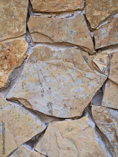 Beige irregular rustic stone and cement outdoor wall texture or background with dendritic pyrolusite mineral formations. Exterior wall cladding with mediterranean natural stones of neutral colors.	 photo