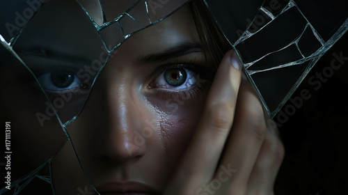 broken mirror reflecting a woman's face, partially obscured by her hand as she covers her bruised eye. The lighting is dark and moody, symbolizing pain and resilience, concept of victim and violence