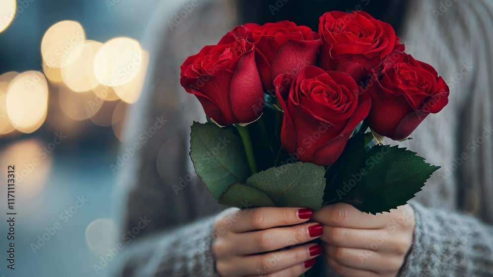 Woman holding a bouquet of red roses in a beautifully lit urban setting at twilight