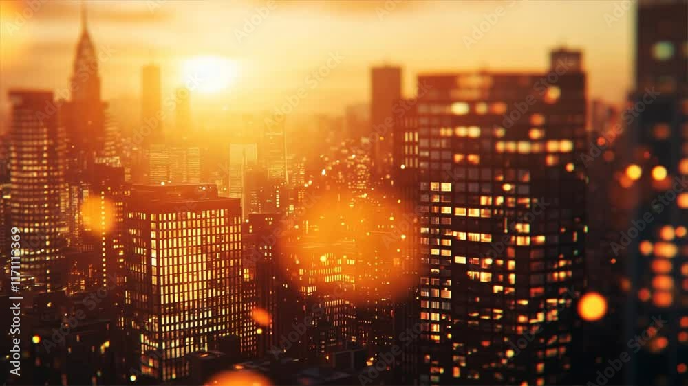 Vibrant city skyline glowing at sunset with skyscrapers blurred dramatic bokeh. Evening urban scene business blur background stunning panoramic view