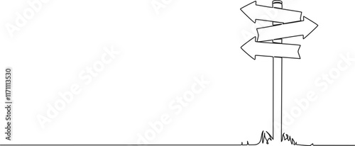 continuous line drawing of signpost showing directions, line art vector illustration