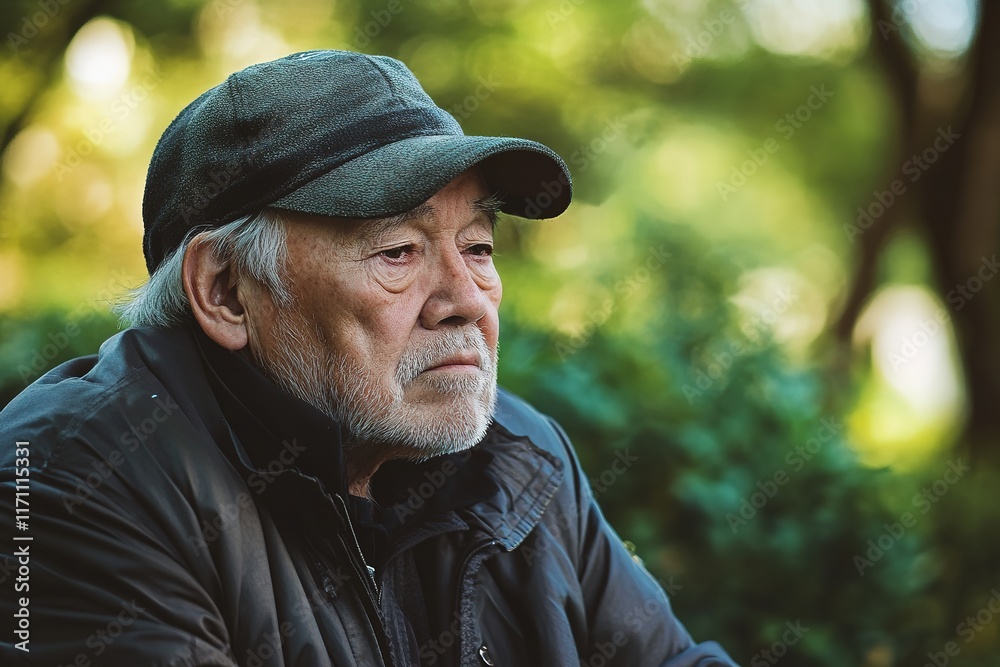 Thoughtful elder with cap, reflecting amidst serene greenery, ex Thoughtful elder with cap, reflecting amidst serene greenery, ex