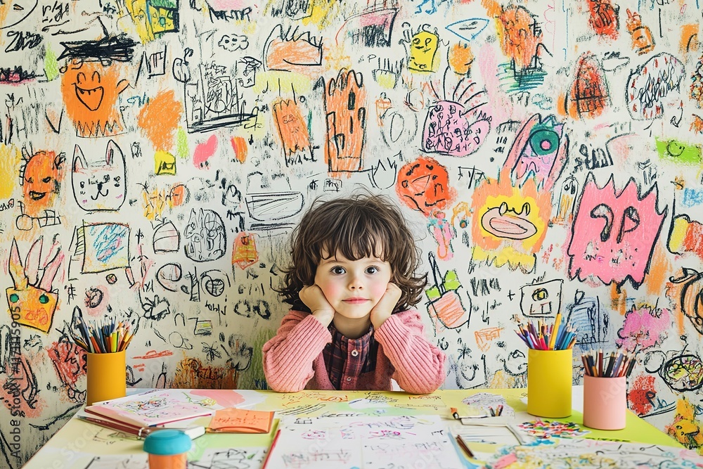 Fototapeta premium Child sitting at table surrounded by colorful drawings and art m