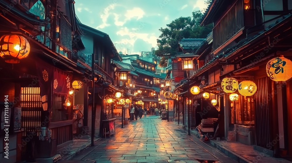 Japanese Street at Dusk with Glowing Lanterns and Traditional Architecture - A Picturesque and Serene Scene of Cultural Heritage and East Asian Charm Japanese Street at Dusk with Glowing Lanterns and Traditional Architecture - A Picturesque and Serene Scene of Cultural Heritage and East Asian Charm