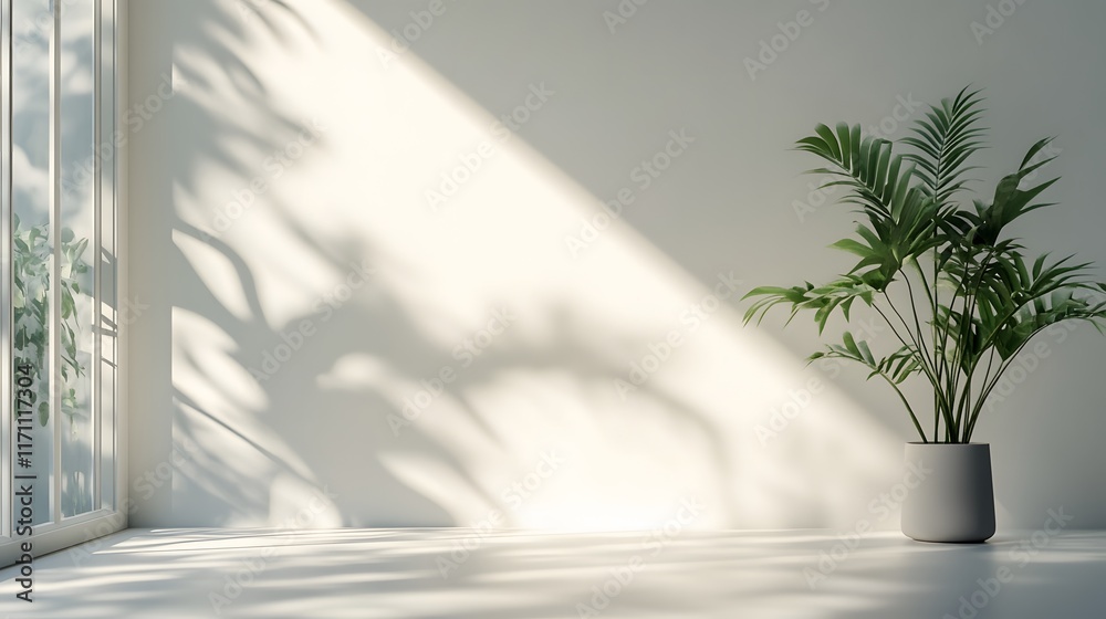 窓からの光と植物の影が映る白い部屋 窓からの光と植物の影が映る白い部屋