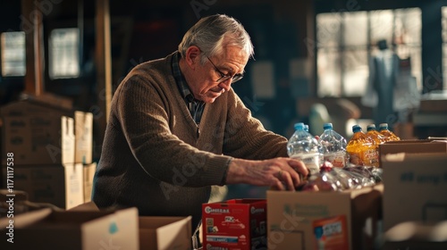 Elderly Man Organizing Boxes in Dimly Lit Warehouse – Dedication and Focus in Industrial Workplace