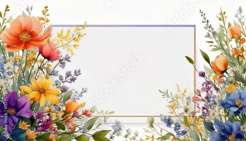 Flower twigs Overlays, summer spring painted frame white background, png free stock image for banner; floral design with blank card or postcard