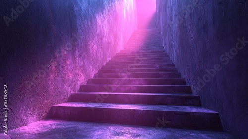 A staircase with purple steps leading to a dark room