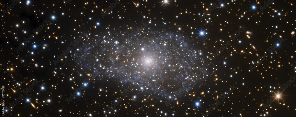 Obraz premium Faint Dwarf Galaxy Surrounded by Interstellar Dust and Glowing Blue Light
