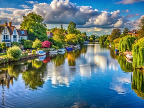 Serene River Thames Scene, East Molesey, England:  Picturesque Landscape Photography