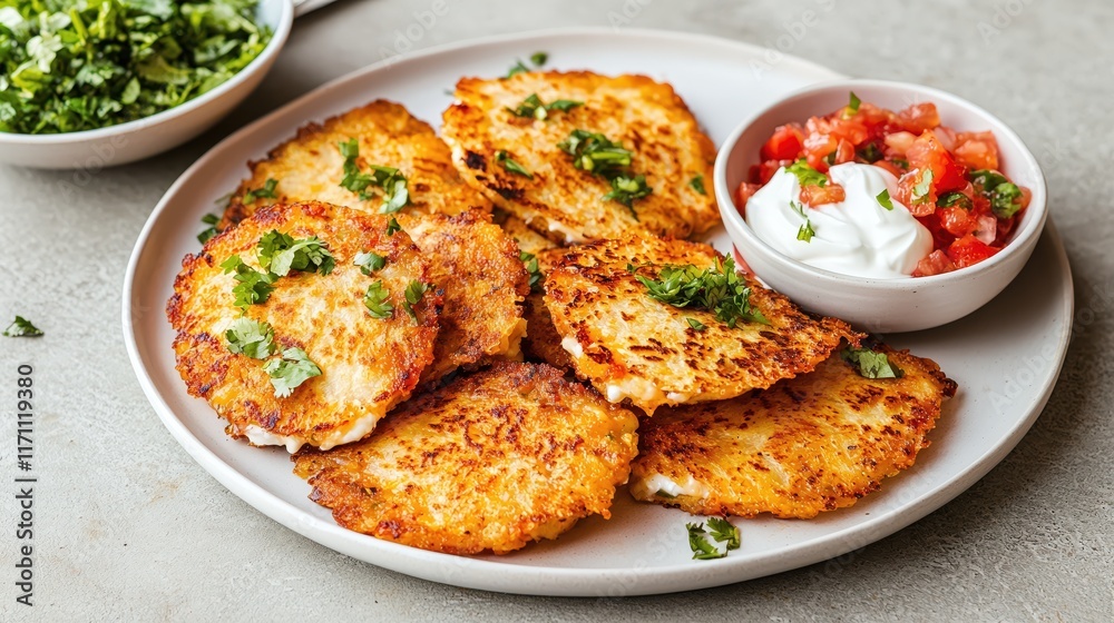 Crispy Potato Pancakes Served with Fresh Salsa and Sour Cream on a White Plate Crispy Potato Pancakes Served with Fresh Salsa and Sour Cream on a White Plate