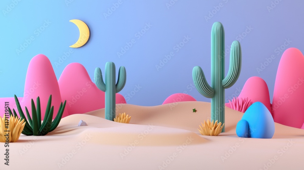 Surreal Desert Landscape with Cactus and Crescent Moon in Pastel Colors Surreal Desert Landscape with Cactus and Crescent Moon in Pastel Colors