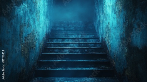 A staircase in a dark room with a blue wall