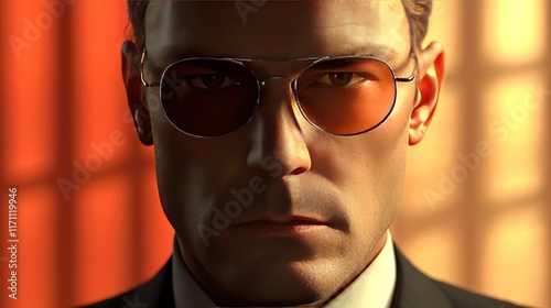 A man wearing sunglasses and a suit is staring at the camera