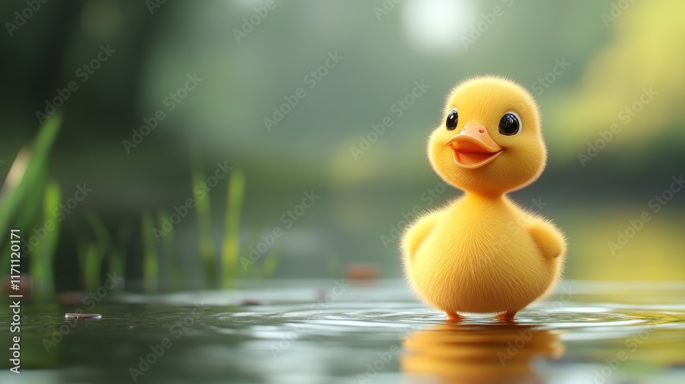 A cute yellow duck is standing in a pond A cute yellow duck is standing in a pond