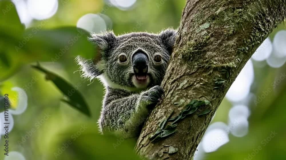 Curious koala exploring a tree in Australian rainforest during daylight Curious koala exploring a tree in Australian rainforest during daylight