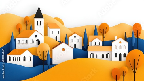 Charming Autumn Landscape With Picturesque Village and Church Spires