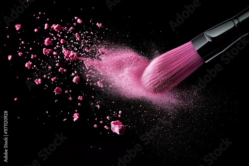 Cosmetic makeup brushes with powder and blush on black background. Skin care or fashion concept. Free space for text