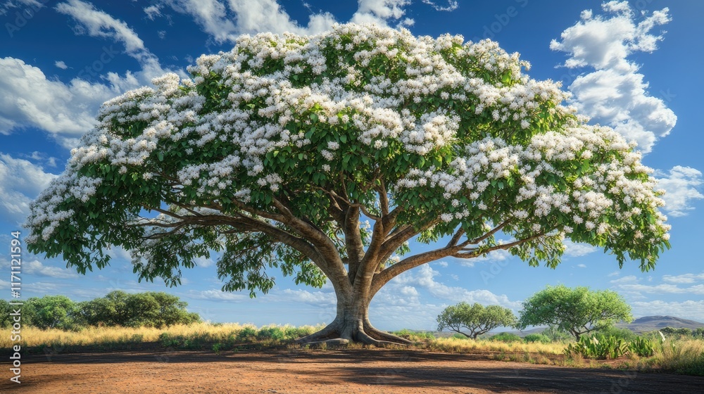Full-bloom white ipe tree standing tall, its vibrant blossoms glowing under a pristine blue sky. Full-bloom white ipe tree standing tall, its vibrant blossoms glowing under a pristine blue sky.