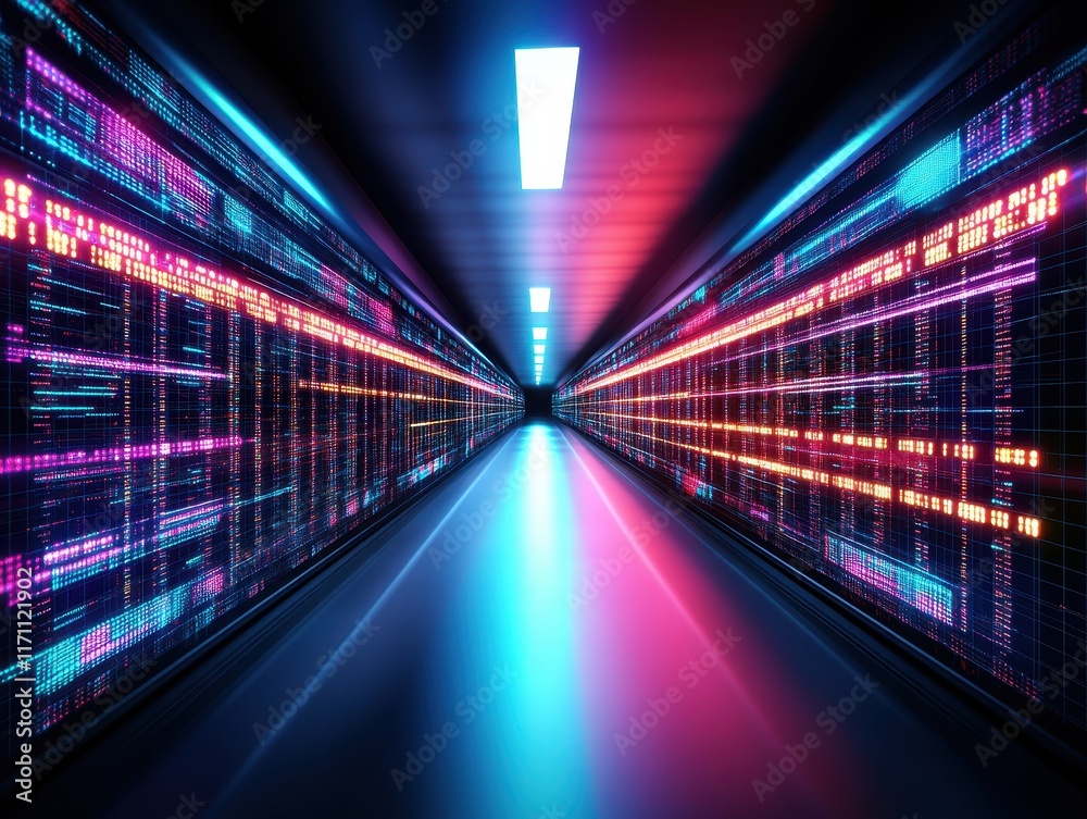 Obraz premium Futuristic digital data tunnel with neon lights.