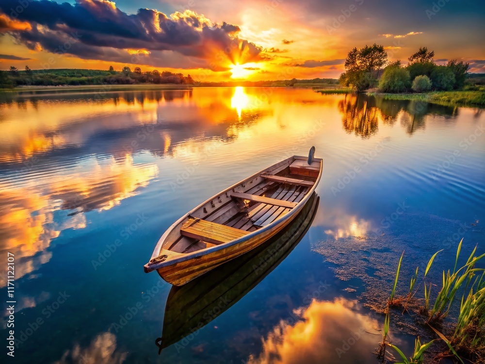 Fototapeta premium Serene Wooden Rowboat on Calm Water - Drone Aerial View