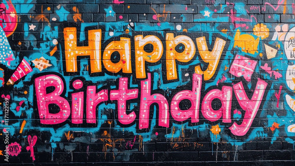 Fototapeta premium Happy birthday graffiti concept, Colorful graffiti mural with Happy Birthday text and festive elements