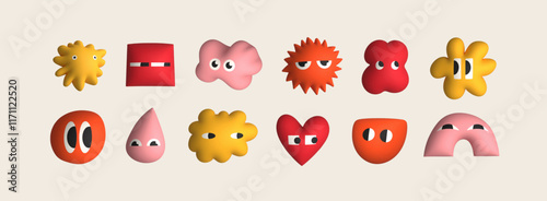 Set of various bright Doodle shapes with eyes. Different unique figures. 3D cartoon style. Hand drawn trendy Vector illustration for kids. Cute funny characters. Isolated design elements