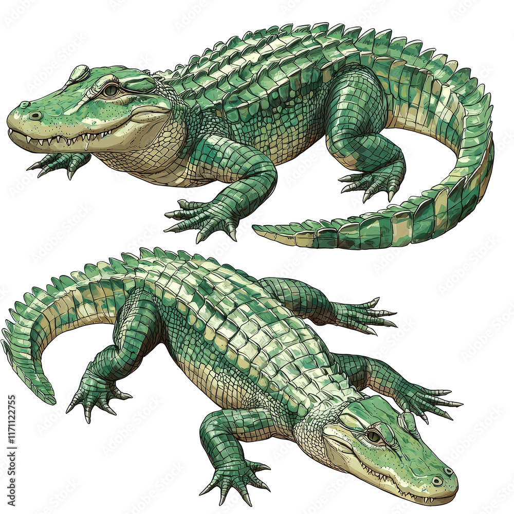 Naklejka premium Two Majestic Crocodiles in Detailed Illustration - A Captivating Wildlife Artwork for Nature Lovers