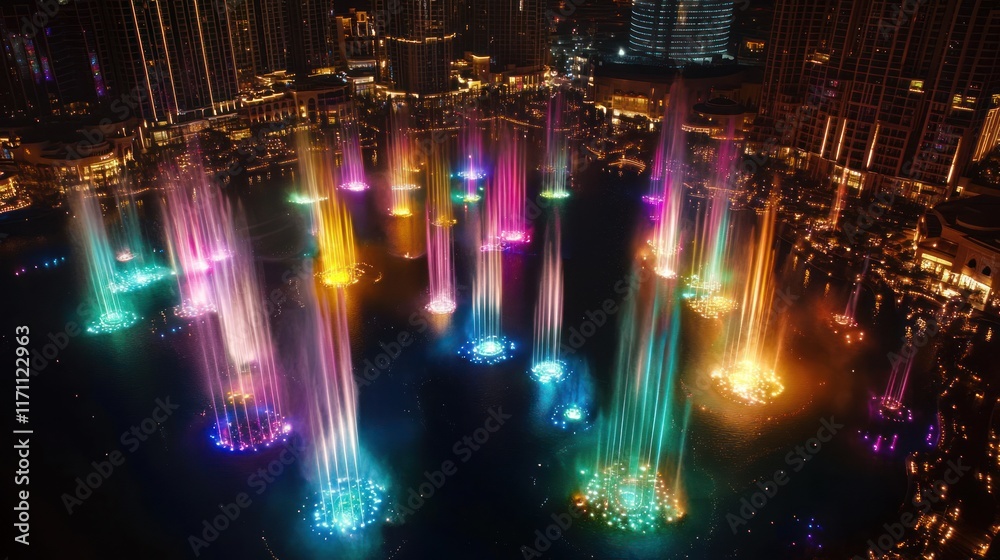 Fototapeta premium Aerial view of colorful fountain show at night.