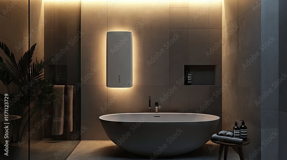 Generative AI: energy-efficient water heater mounted in a minimalist modern bathroom space. Generative AI: energy-efficient water heater mounted in a minimalist modern bathroom space.