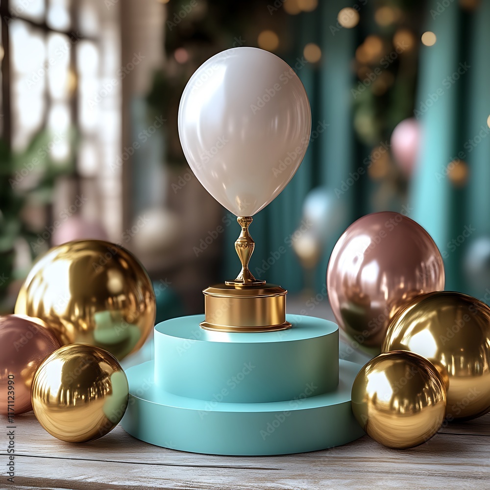 Elegant Gold Trophy with Pearl Balloon on Teal Stand