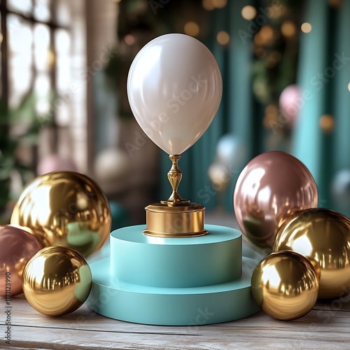 Obraz na płótnie Elegant Gold Trophy with Pearl Balloon on Teal Stand w salonie