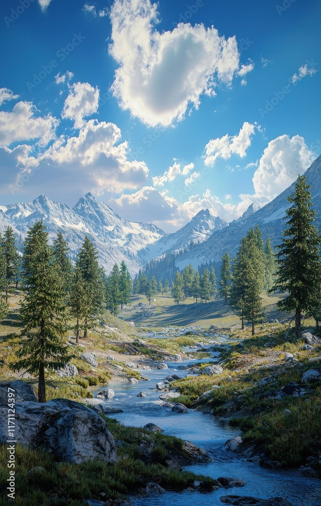 Obraz premium Pristine Mountain River Flows Through Evergreen Forest Landscape