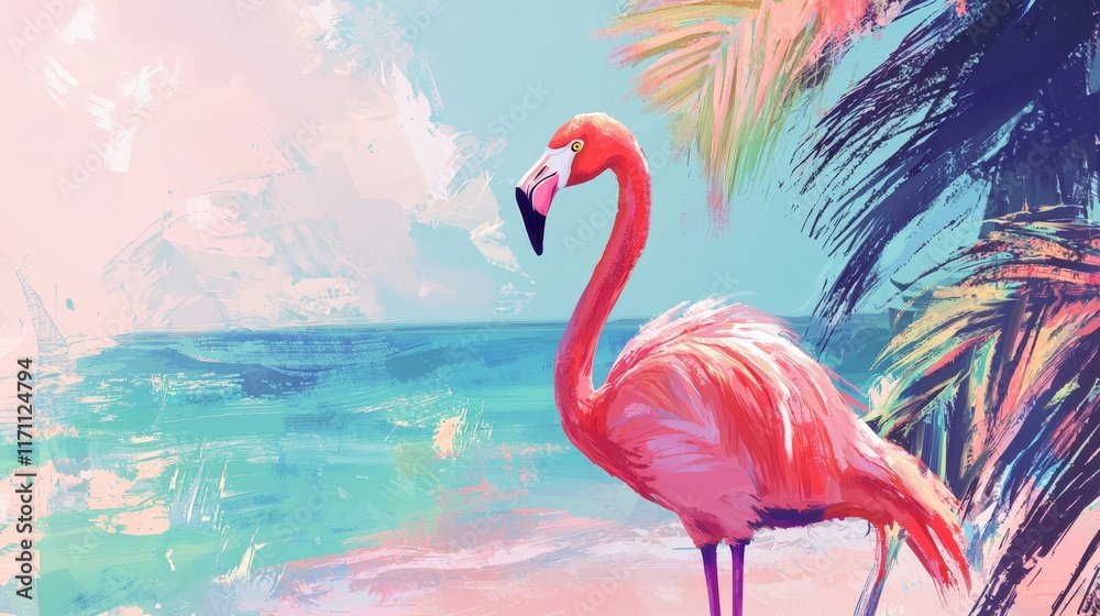 Fototapeta premium Pink Flamingo on a Tropical Beach with Palm Trees and a Pastel Sky - Vibrant and Serene Illustration of Exotic Paradise and Coastal Beauty