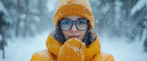 Woman in yellow winter clothes smiles in snowfall.