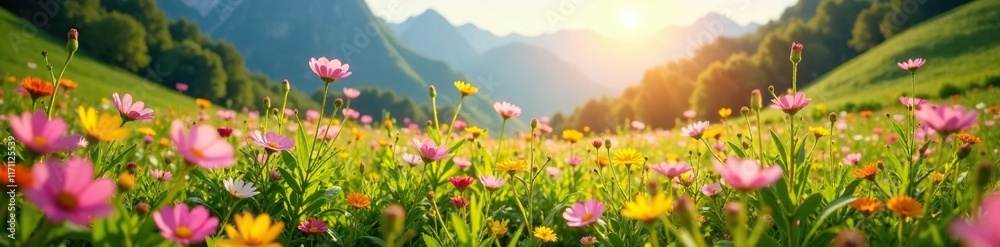 Obraz premium Morning sunlight dances through a field of delicate flowers on a mountain meadow, light, peaceful