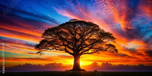 Silhouette of Architectural Plan Tree Against Sunset Sky - Stock Photo