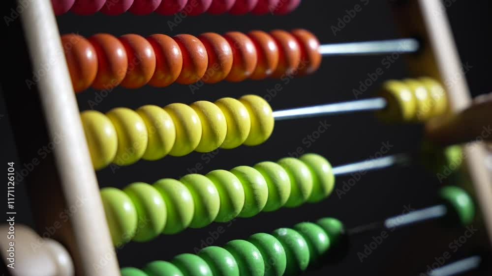 A man counts on a wooden abacus. A wooden abacus with colored beads on it. The beads are in different colors and are arranged in a row A man counts on a wooden abacus. A wooden abacus with colored beads on it. The beads are in different colors and are arranged in a row